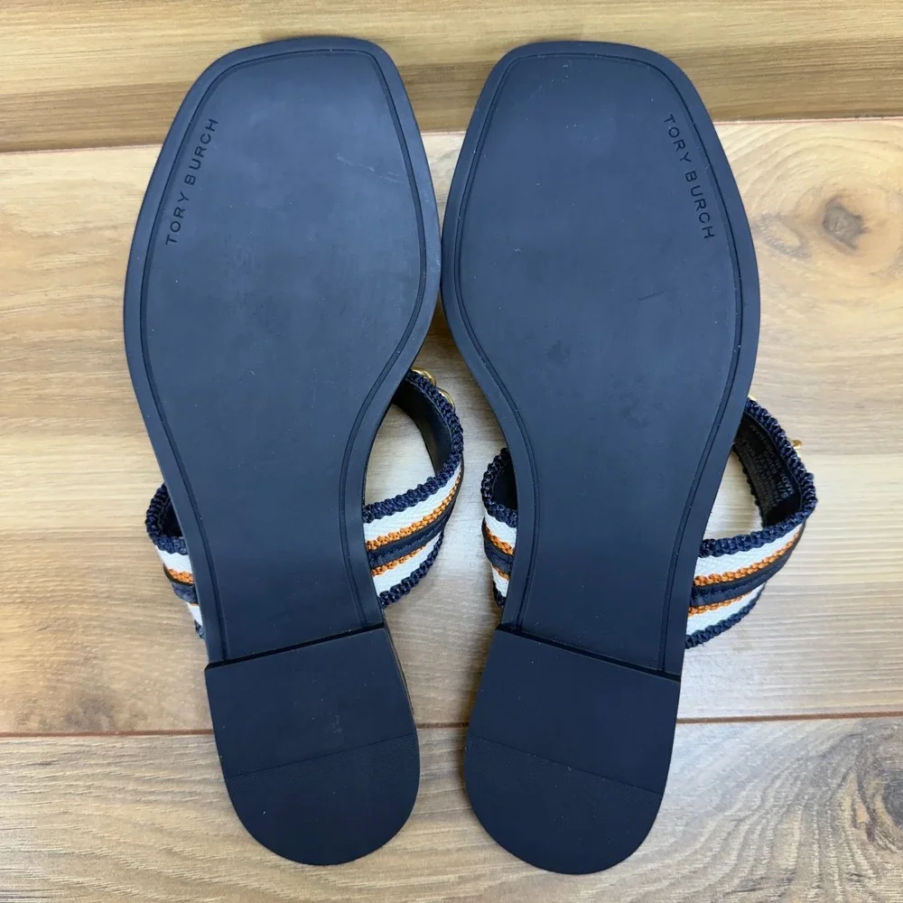 Tory Burch‎ Benton Chain Flip Flops Womens 7 M Navy Blue Leather Gold Hardware